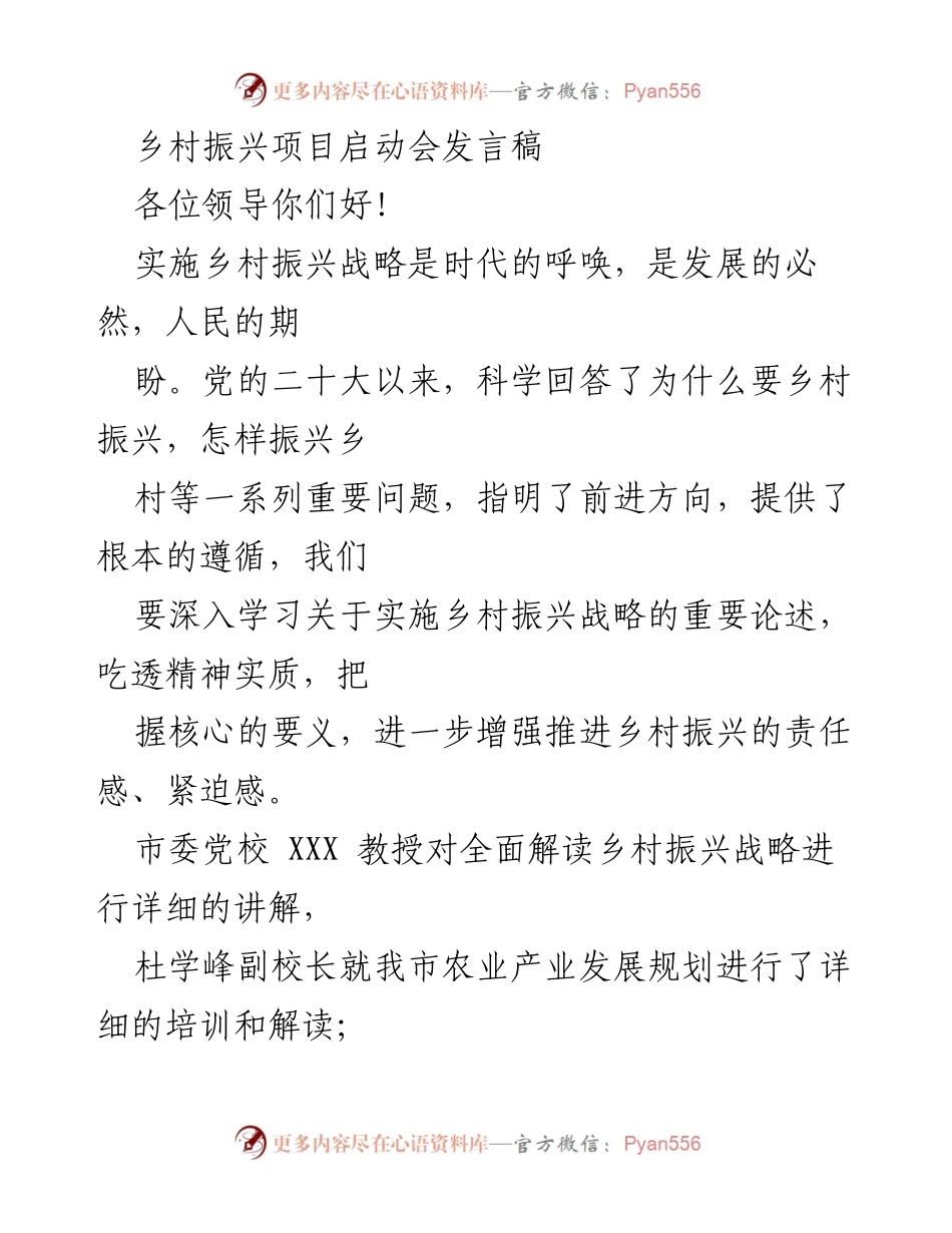[发言] 乡村振兴项目启动会 - 深入推进乡村振兴战略的重要性与实践方向.docx_第1页
