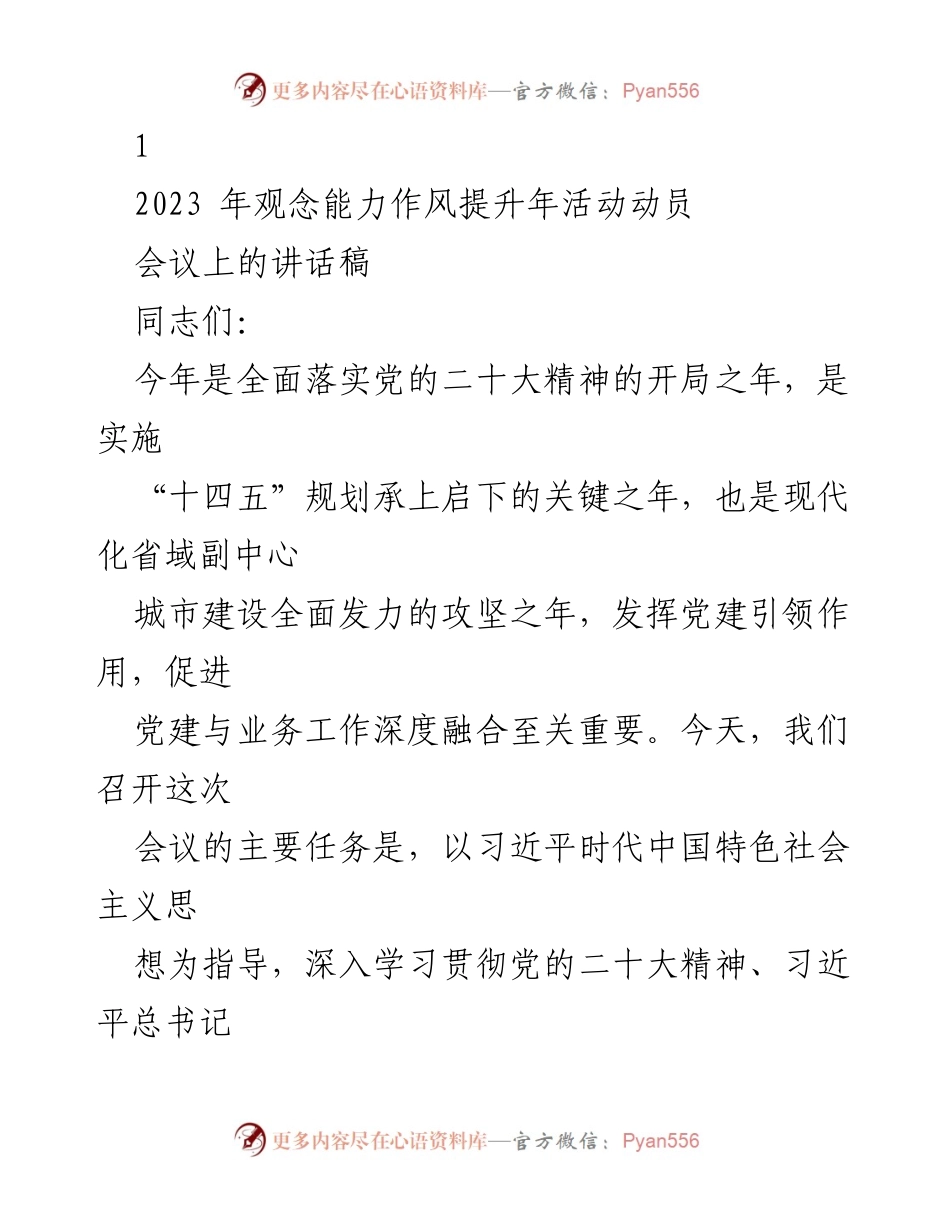 [发言] 会议 - 2023年观念能力作风提升年活动动员讲话.docx_第1页