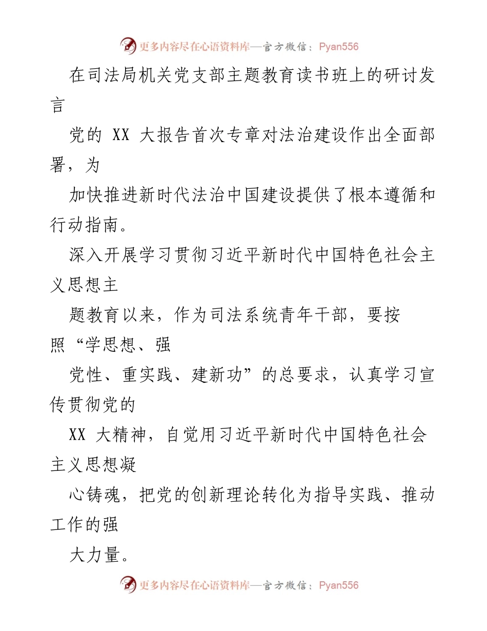[发言] 主题教育读书班 - 青年干部在法治建设中的责任与实践.docx_第1页