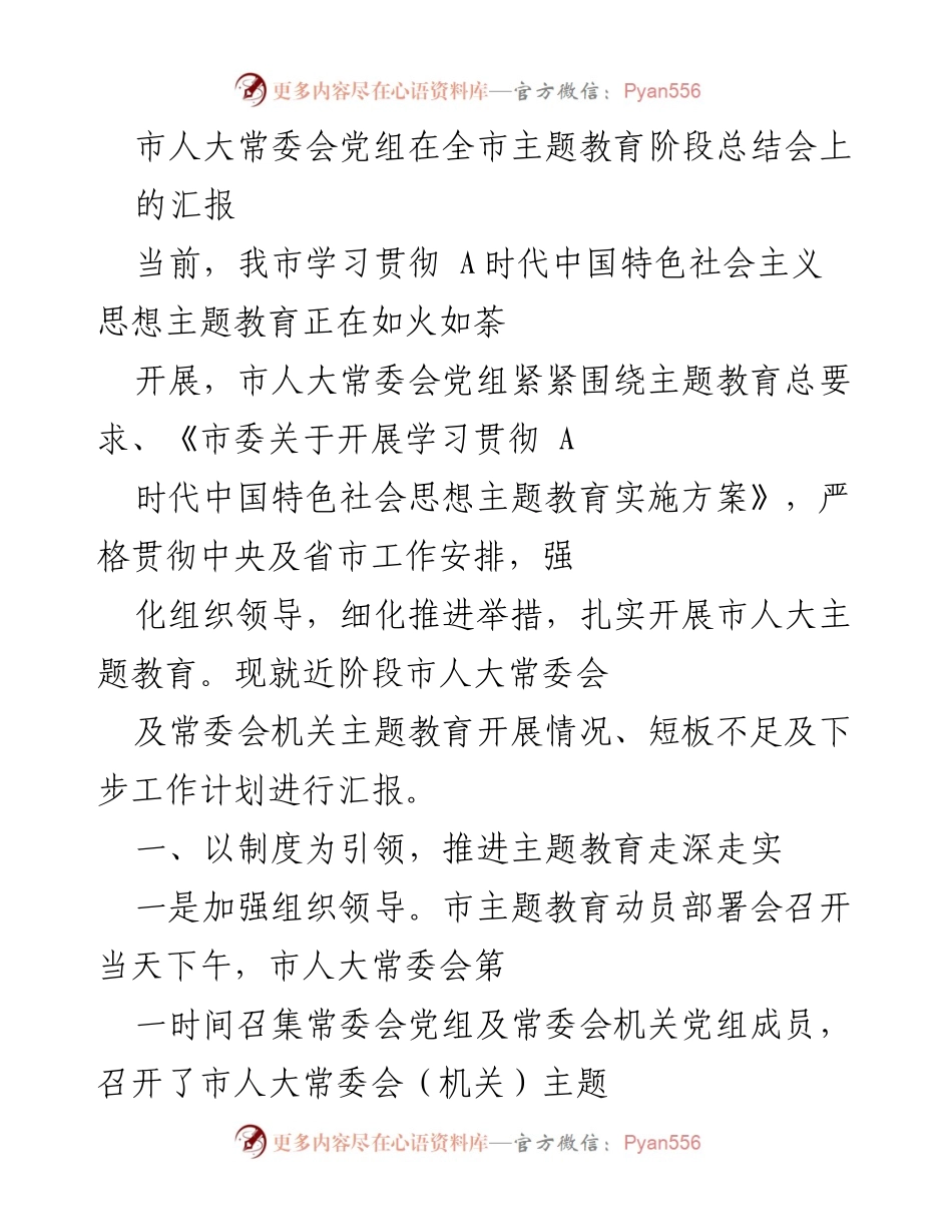 [发言] 主题教育阶段总结会 - 市人大常委会党组主题教育开展情况汇报.docx_第1页