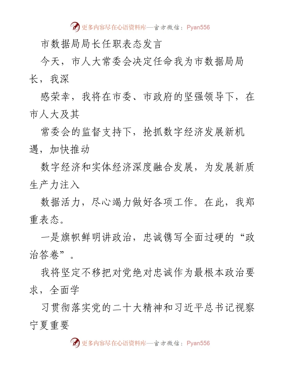 [发言] 任职仪式 - 市数据局局长任职表态发言.docx_第1页
