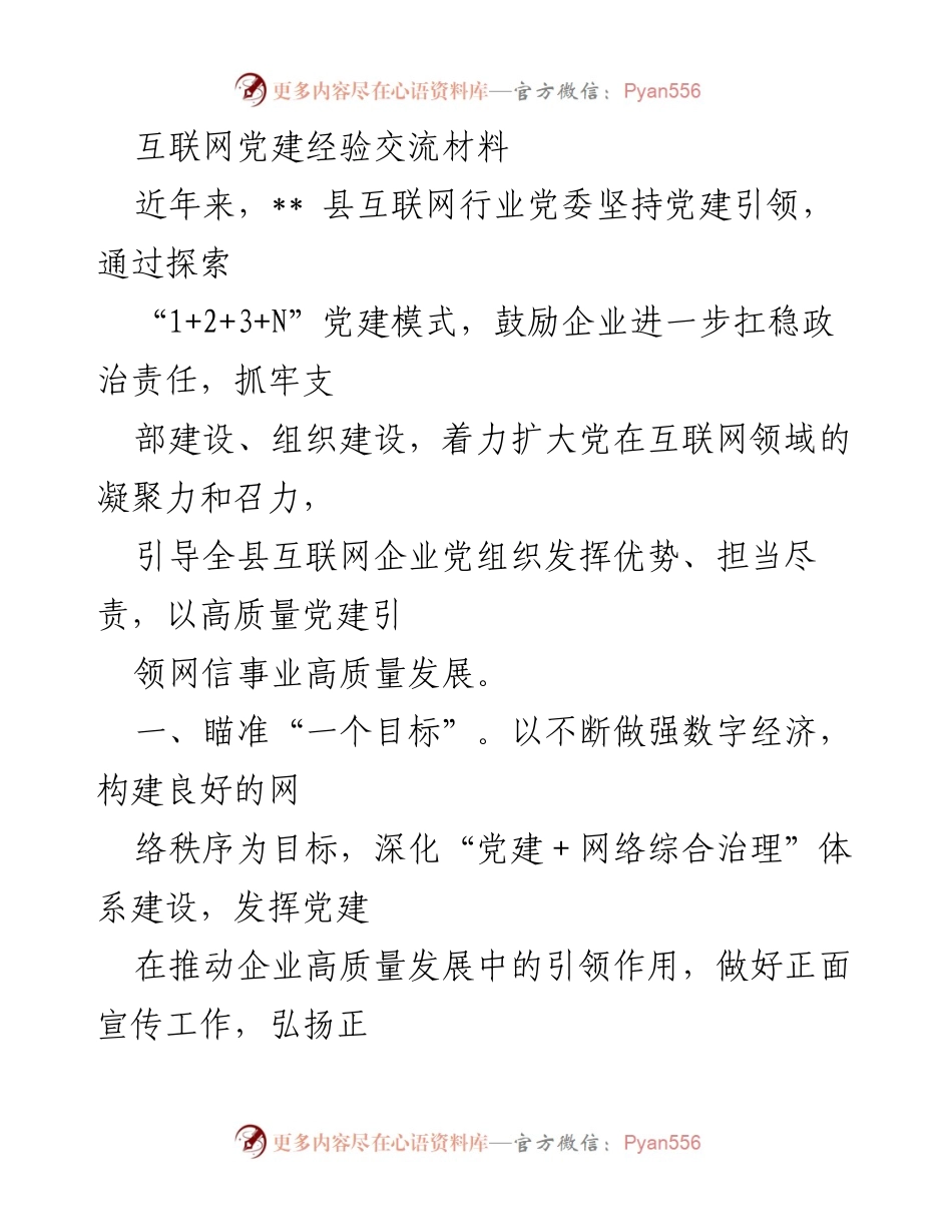 [发言] 互联网党建经验交流会 - 互联网行业党建模式探索与实践分享.docx_第1页