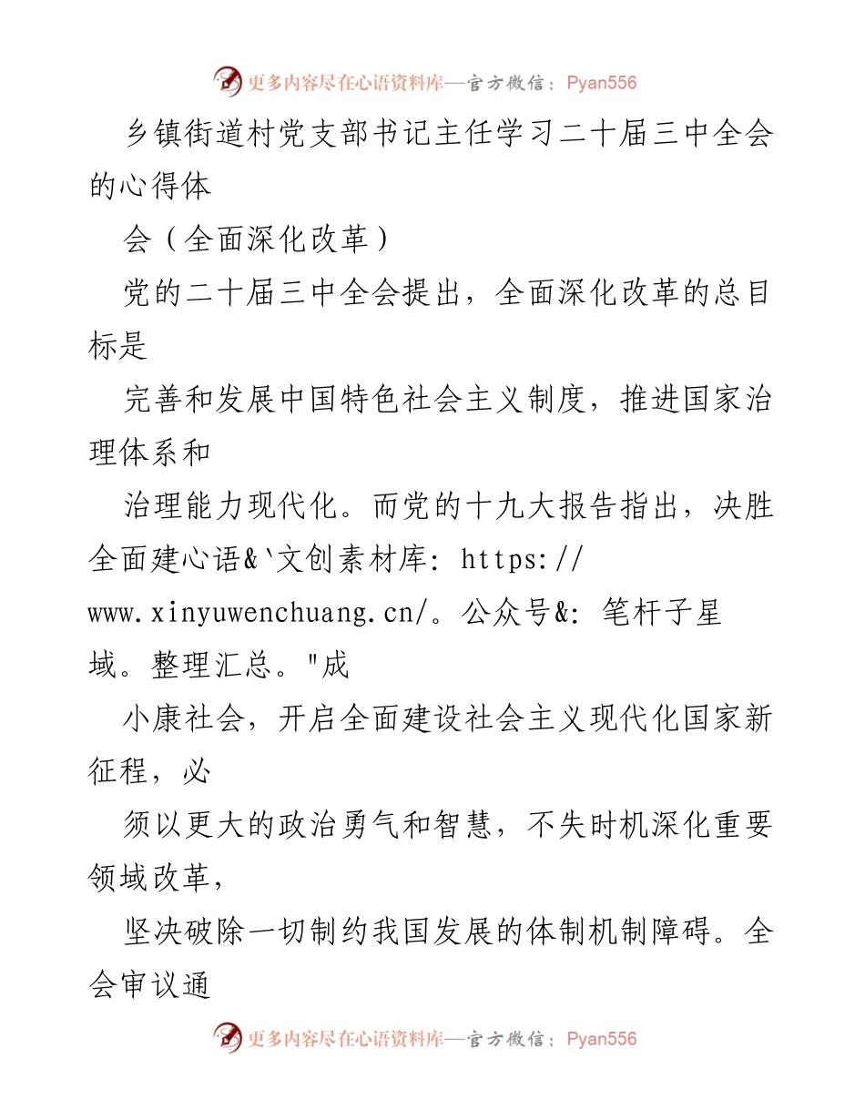 [发言] 乡镇街道村党支部书记主任学习会 - 深入学习党的二十届三中全会精神，推动全面深化改革.docx_第1页