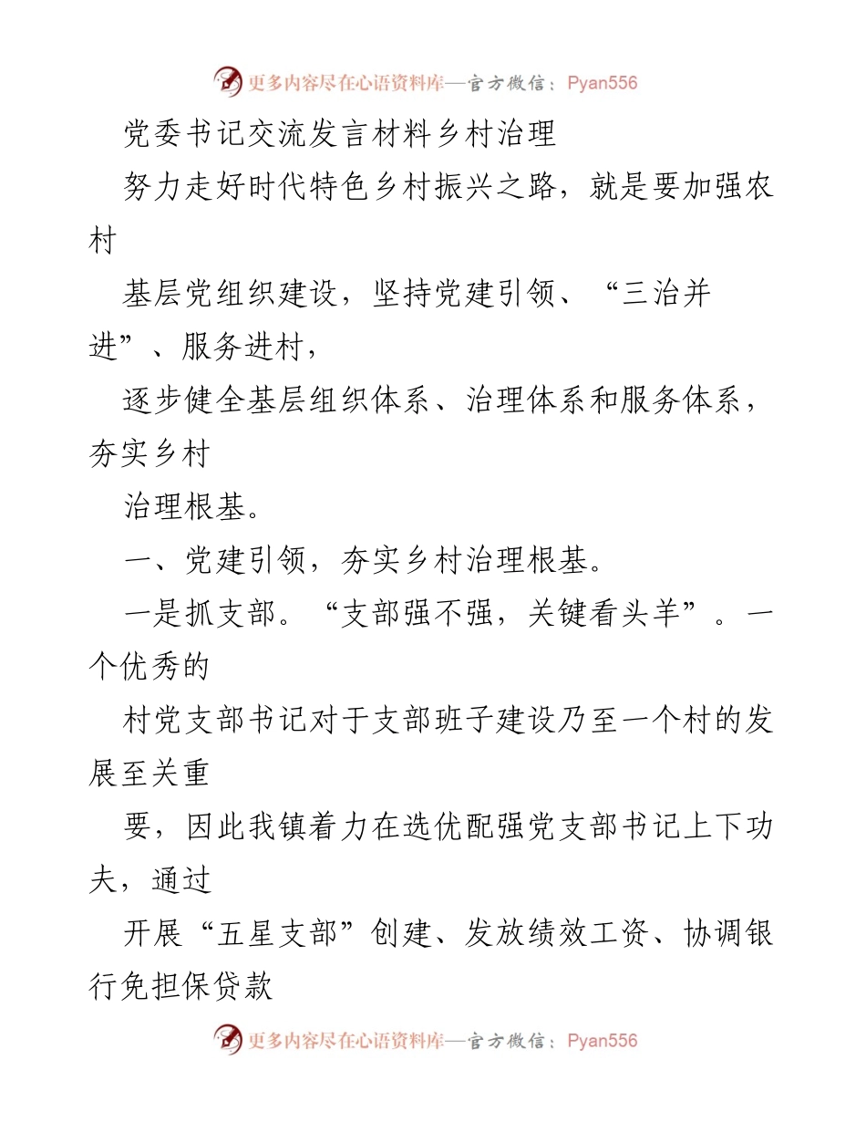 [发言] 乡村治理交流会 - 加强党建引领，推动乡村振兴治理体系建设.docx_第1页