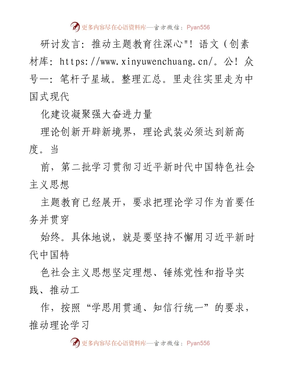 [发言] 主题教育研讨 - 推动理论学习深入实践，助力中国式现代化建设.docx_第1页