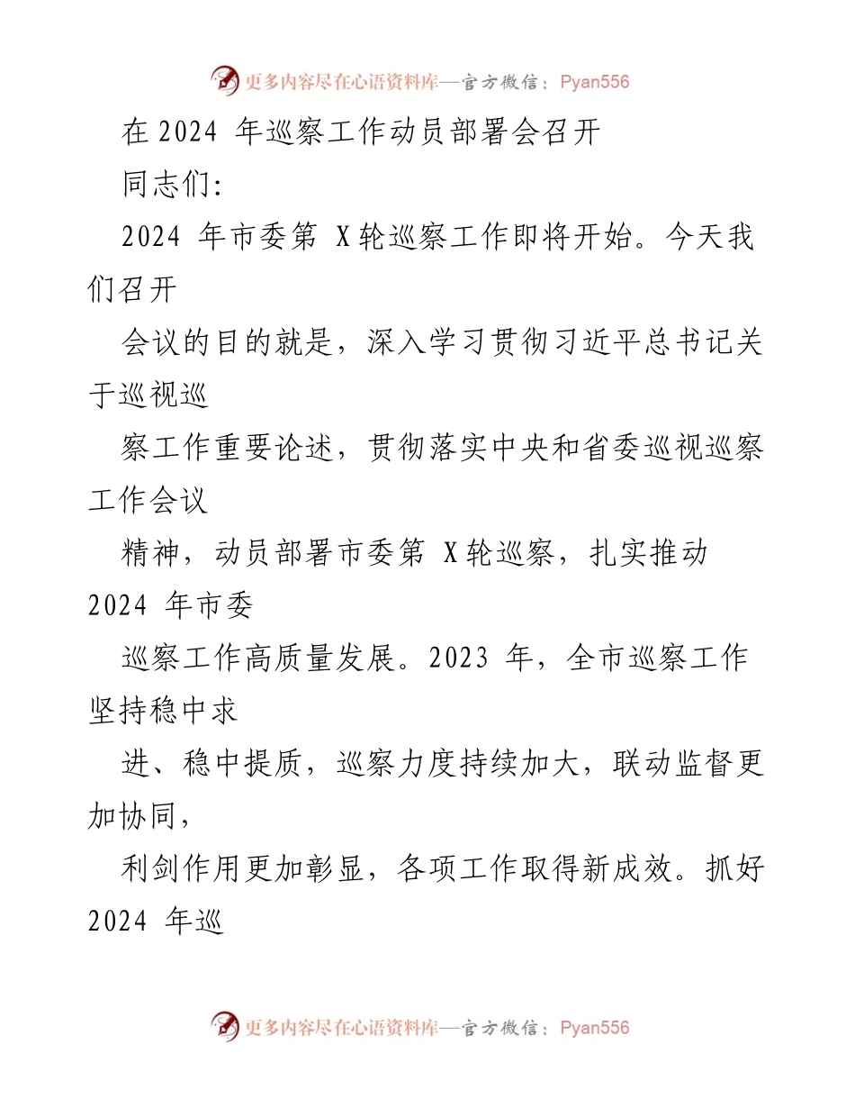 [发言] 会议 - 2024年市委巡察工作动员部署会发言稿.docx_第1页