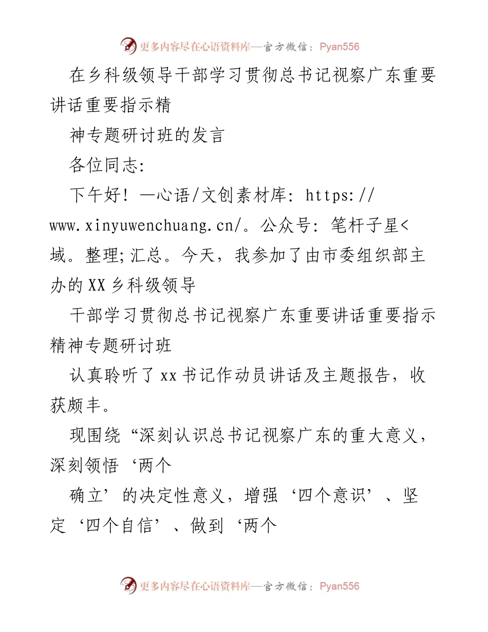 [发言] 乡科级领导干部专题研讨班 - 深刻领会总书记视察广东的重要讲话精神与政法工作新使命.docx_第1页