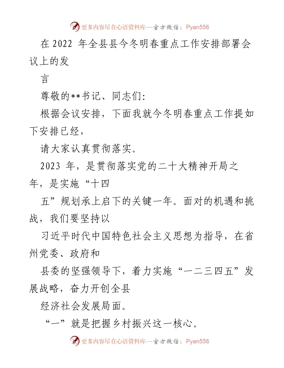 [发言] 会议 - 2023年全县冬春重点工作安排与实施策略.docx_第1页