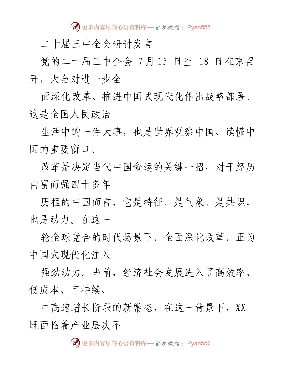 [发言] 二十届三中全会 - 深化改革与新常态下的XX发展动力探讨.docx_第1页