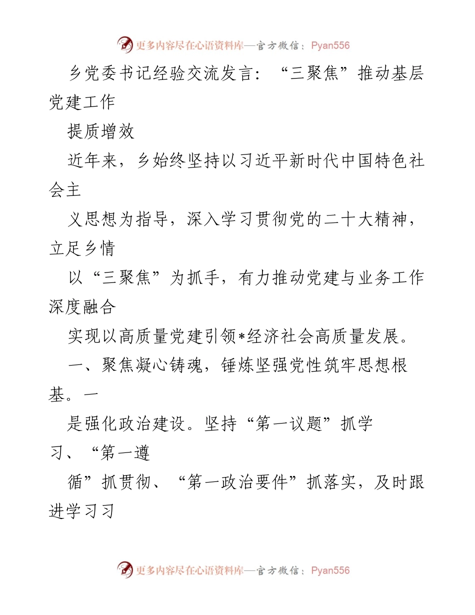 [发言] 乡党委书记经验交流 - “三聚焦”推动基层党建工作提质增效_2.docx_第1页