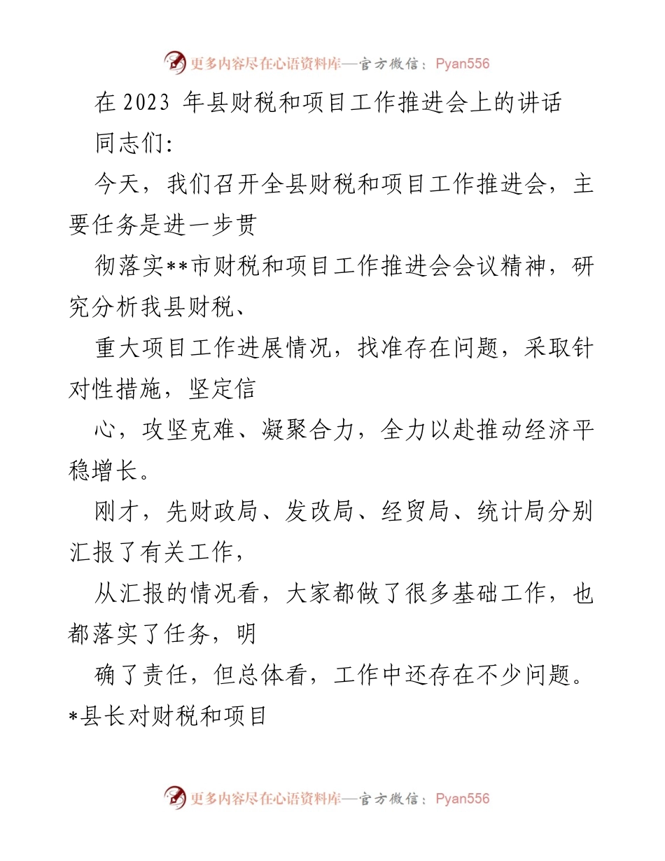 [发言] 会议 - 2023年县财税与项目工作推进会讲话.docx_第1页
