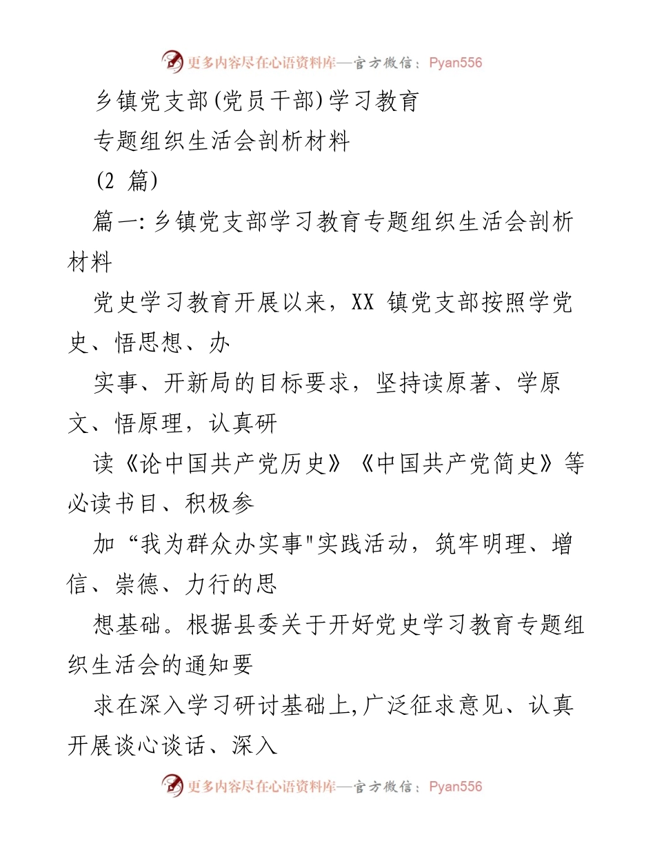 [发言] 乡镇党支部专题组织生活会 - 乡镇党支部党史学习教育剖析与整改措施.docx_第1页