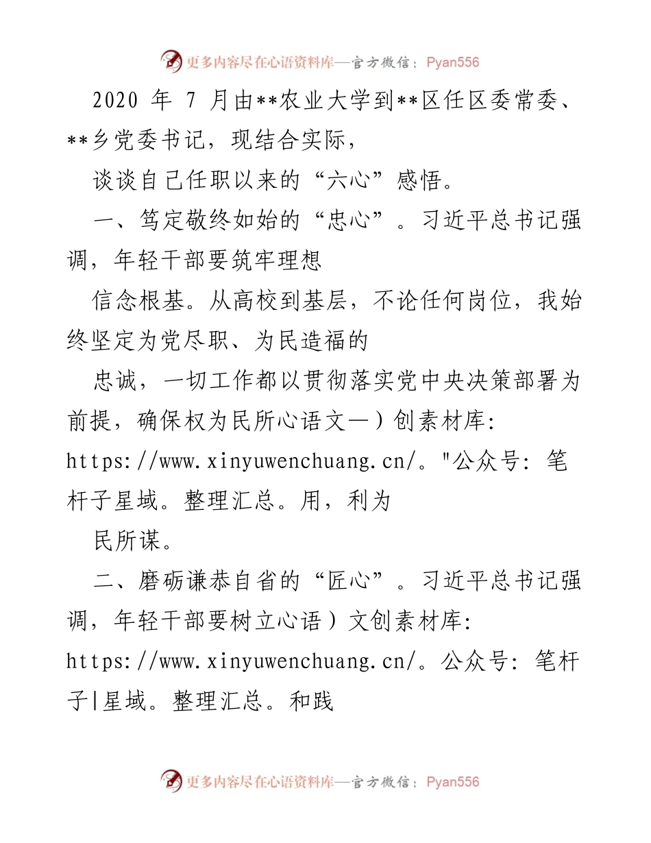 [发言] 任职总结 - 年轻干部的“六心”感悟与实践.docx_第1页