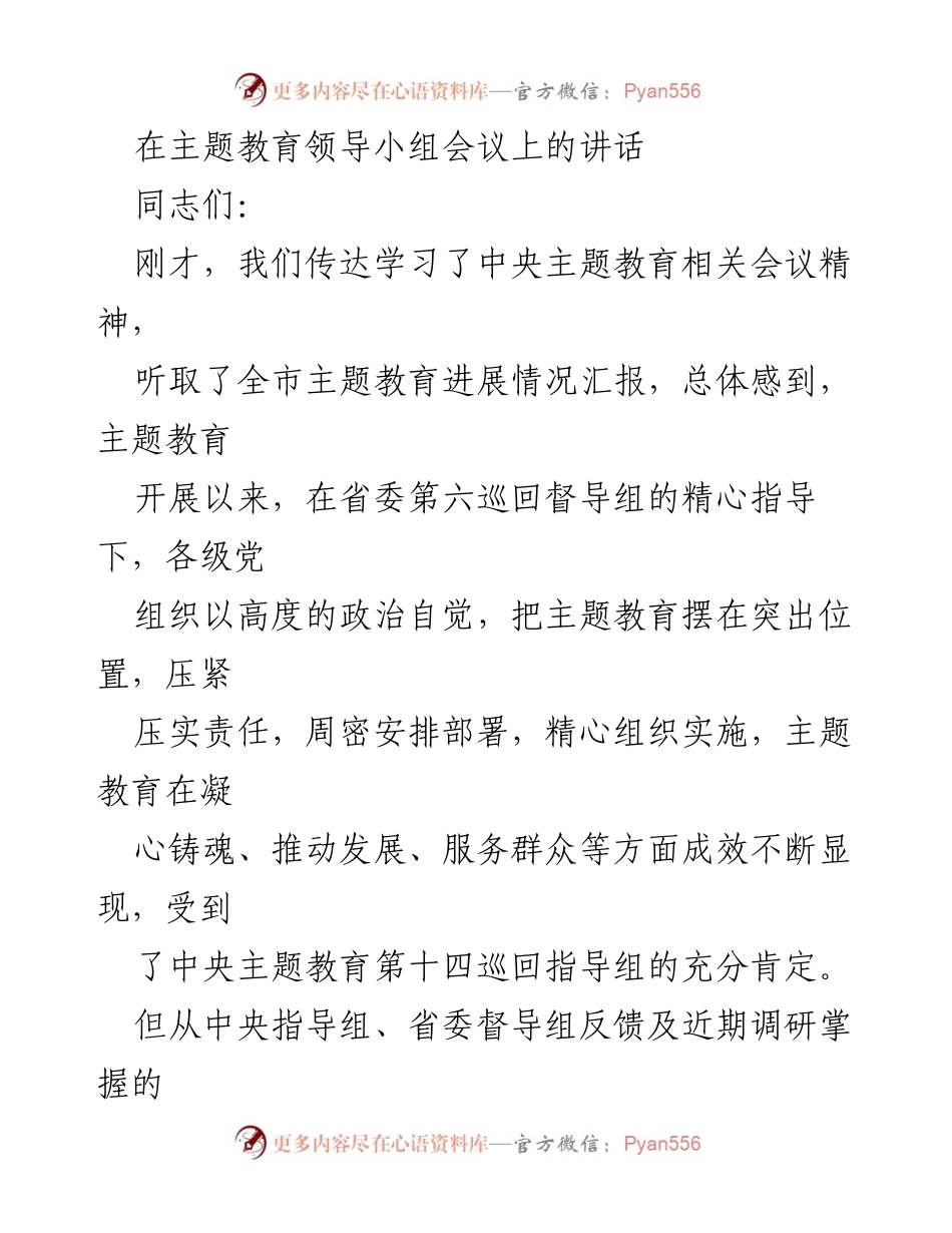 [发言] 主题教育领导小组会议 - 强化理论学习，推动主题教育扎实开展.docx_第1页