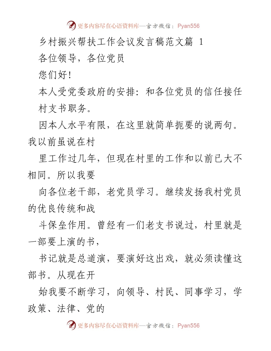 [发言] 乡村振兴帮扶工作会议 - 新任村支书的工作思路与承诺.docx_第1页