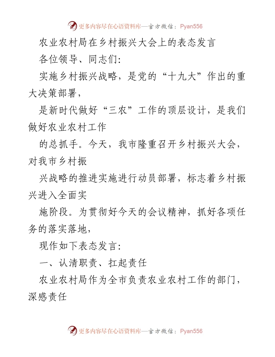 [发言] 乡村振兴大会 - 农业农村局表态发言：全力推进乡村振兴战略落实.docx_第1页