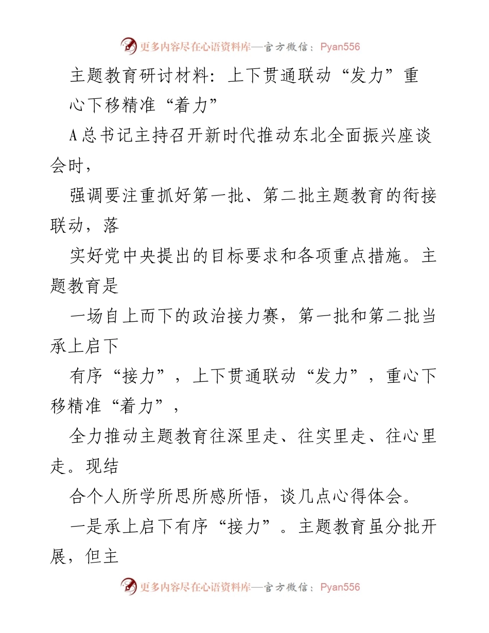 [发言] 主题教育研讨会 - 深化主题教育的联动与落实策略.docx_第1页