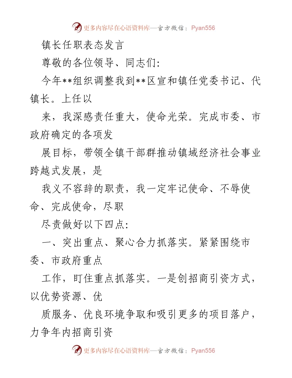 [发言] 任职表态 - 镇长上任表态发言：坚定使命、推动发展.docx_第1页