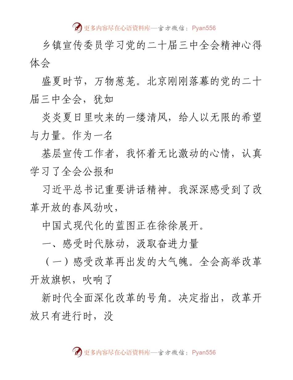 [发言] 乡镇宣传委员学习会 - 学习党的二十届三中全会精神的心得体会.docx_第1页