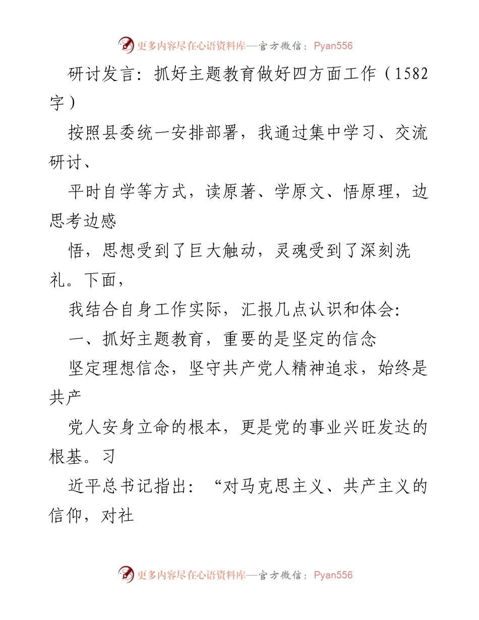 [发言] 主题教育研讨会 - 抓好主题教育，坚定信念与为民宗旨.docx_第1页