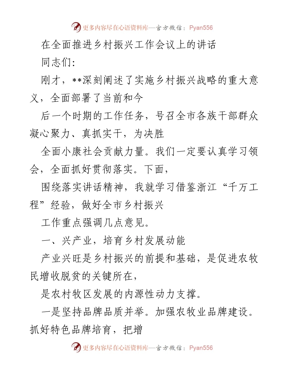 [发言] 乡村振兴工作会议 - 深入实施乡村振兴战略，推动产业发展与品牌建设.docx_第1页