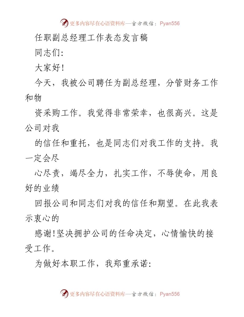 [发言] 任职会议 - 副总经理任职表态发言稿.docx_第1页