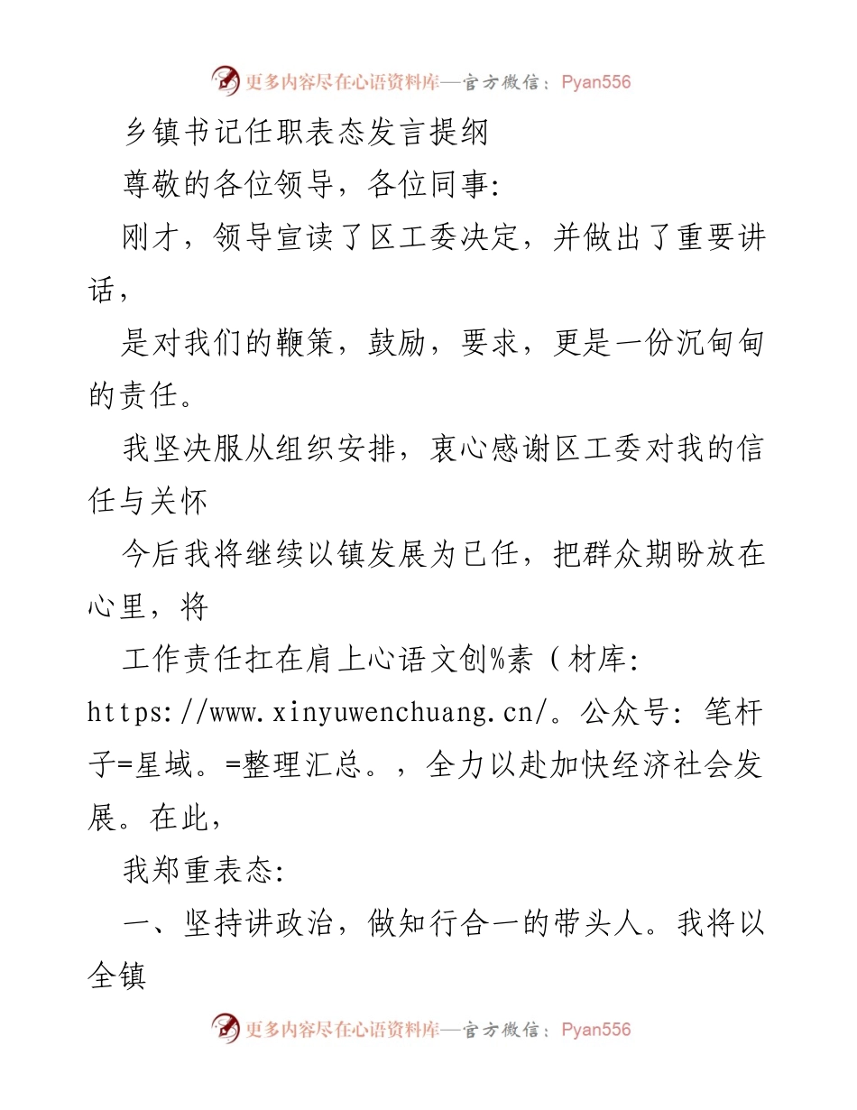 [发言] 任职表态 - 乡镇书记任职表态发言提纲.docx_第1页