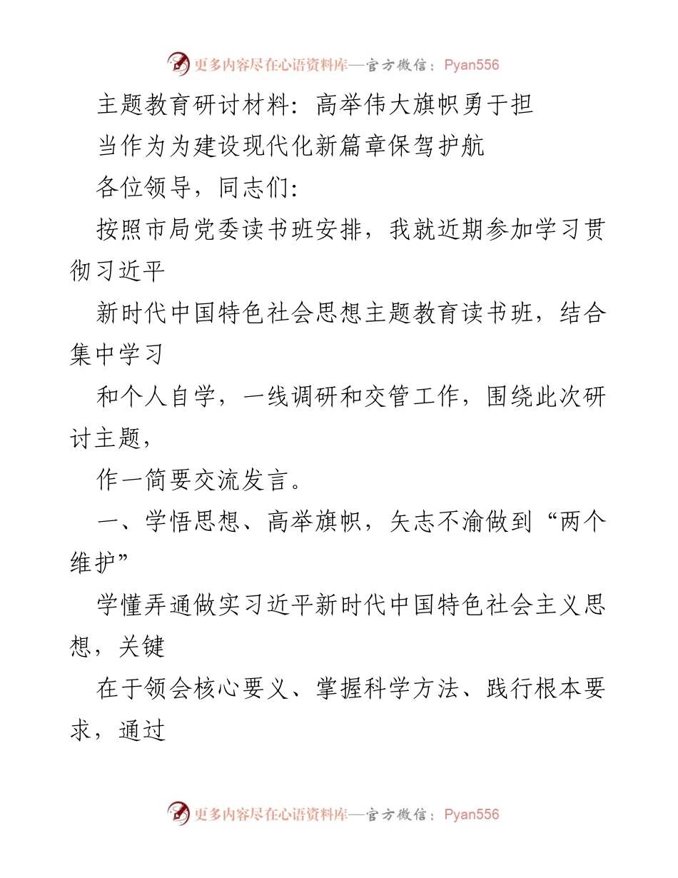 [发言] 主题教育读书班 - 高举伟大旗帜，勇于担当，推动公安交管现代化发展.docx_第1页