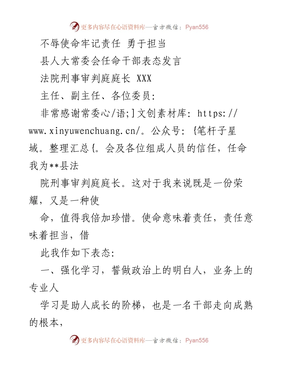 [发言] 人大常委会任命仪式 - 勇于担当，履职尽责的表态发言.docx_第1页