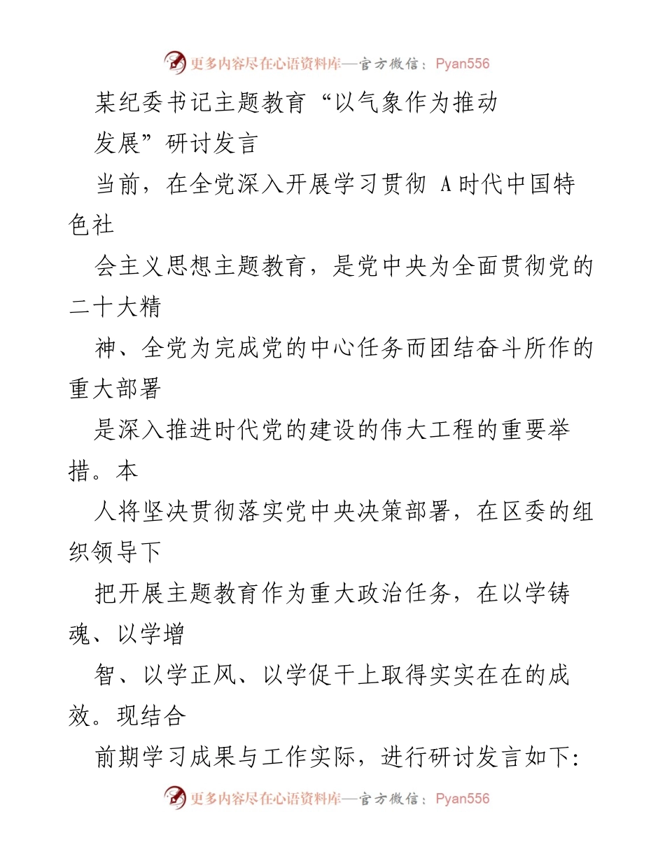 [发言] 主题教育研讨会 - 以气象推动发展：坚定信念与务实行动的结合.docx_第1页