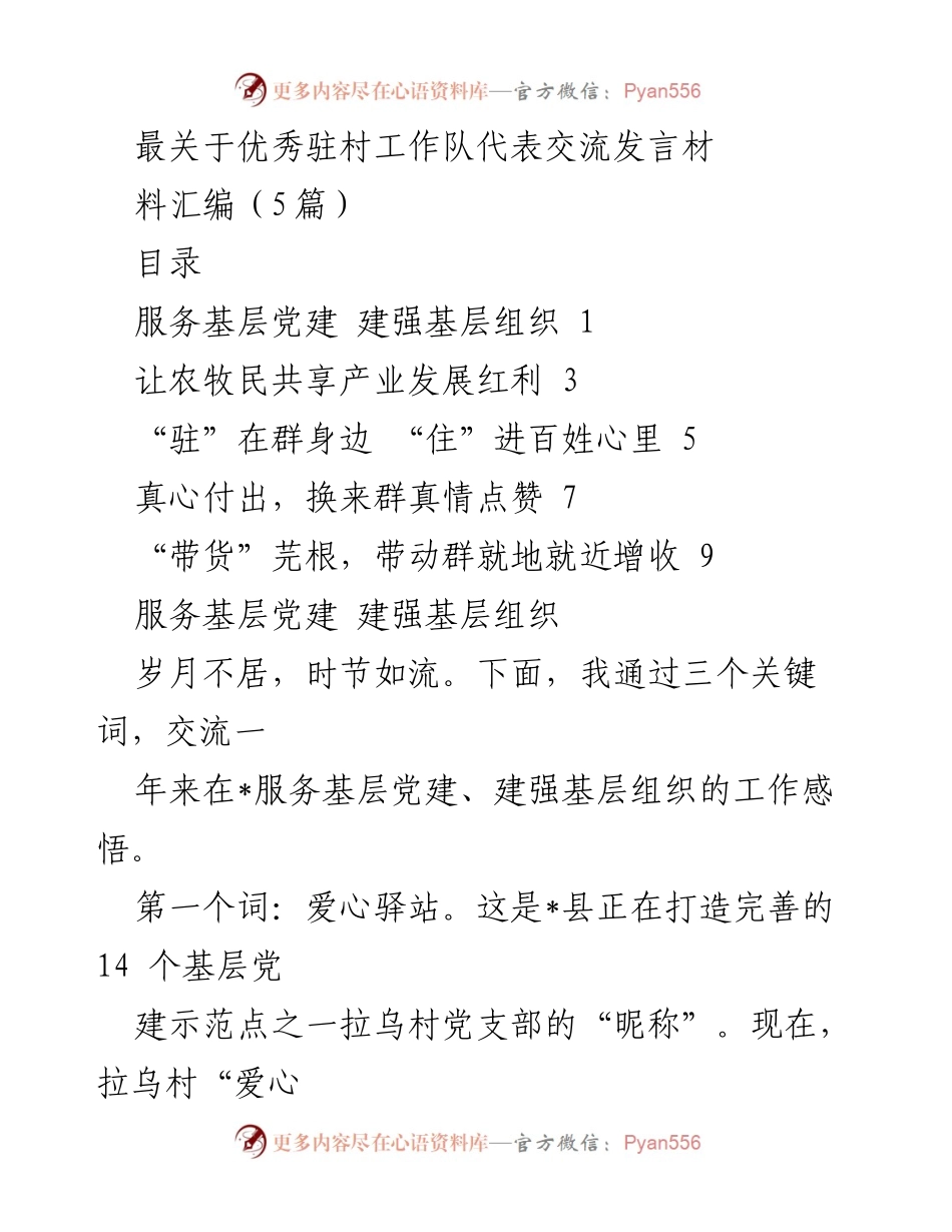 [发言] 交流会 - 优秀驻村工作队代表的经验分享与工作成就.docx_第1页