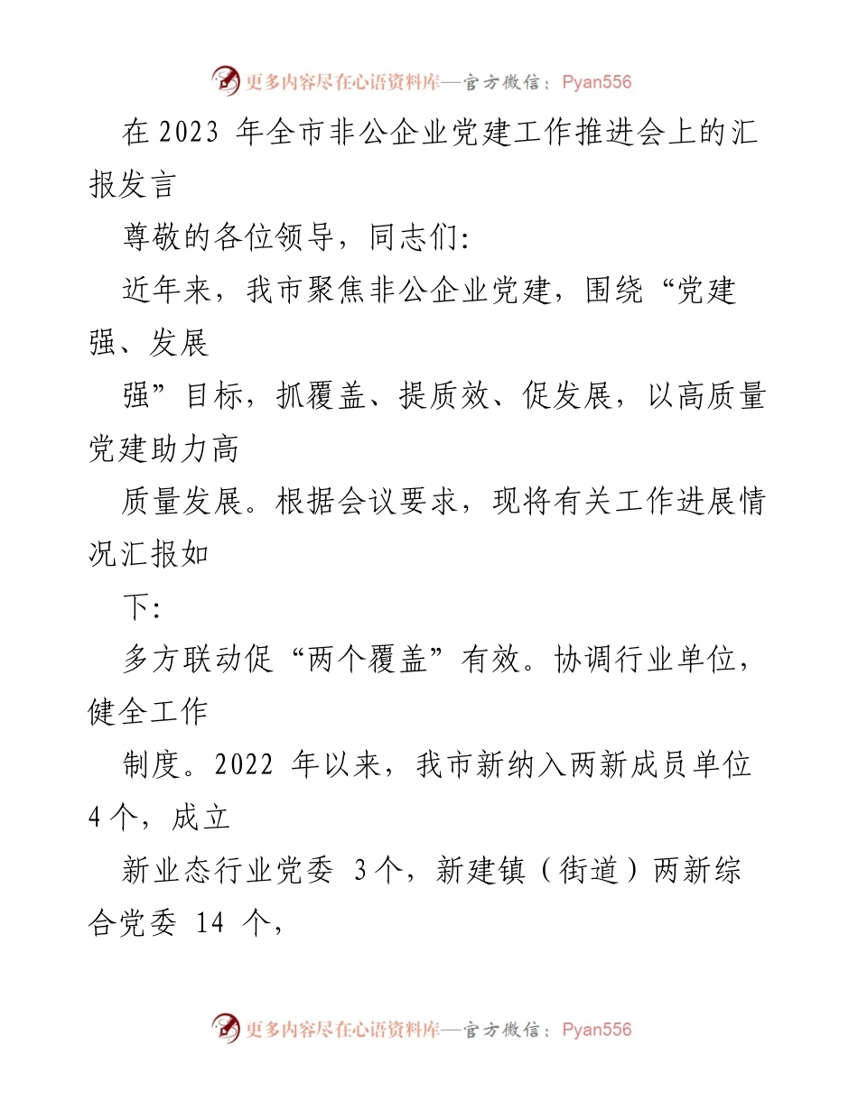 [发言] 会议 - 2023年全市非公企业党建工作推进会汇报.docx_第1页