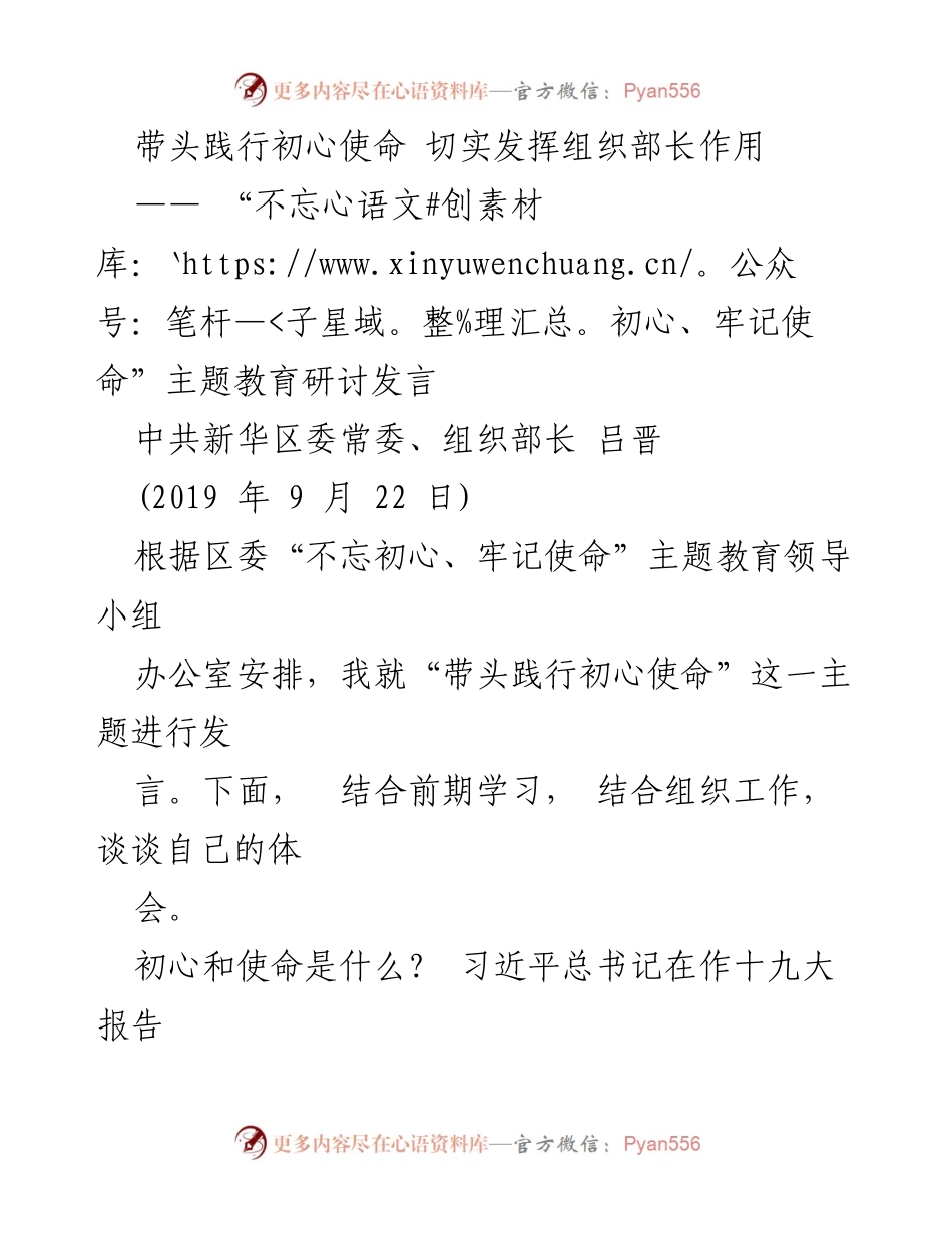 [发言] 主题教育研讨 - 带头践行初心使命，发挥组织部长的表率作用.docx_第1页