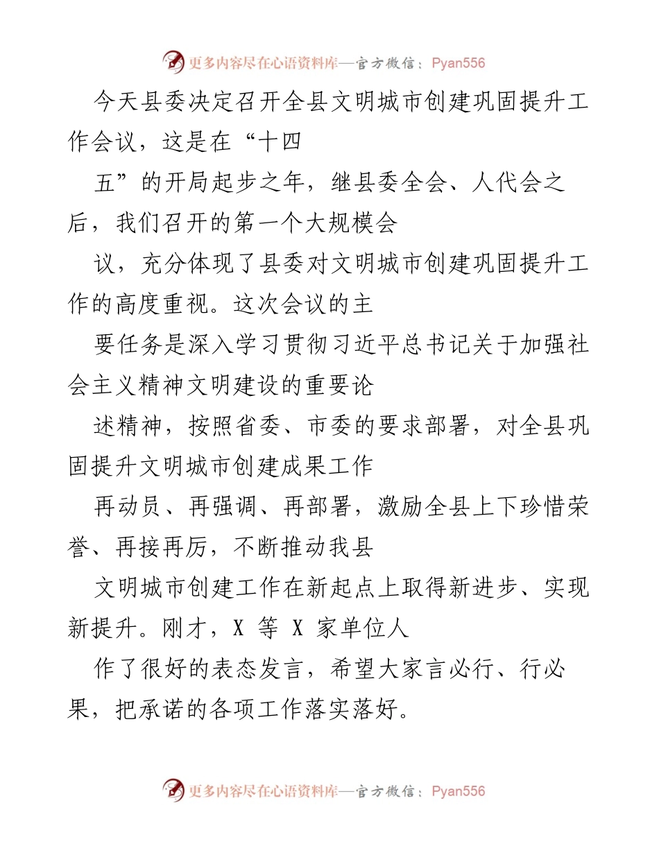 [发言] 会议 - 全县文明城市创建巩固提升工作会议发言稿.docx_第1页