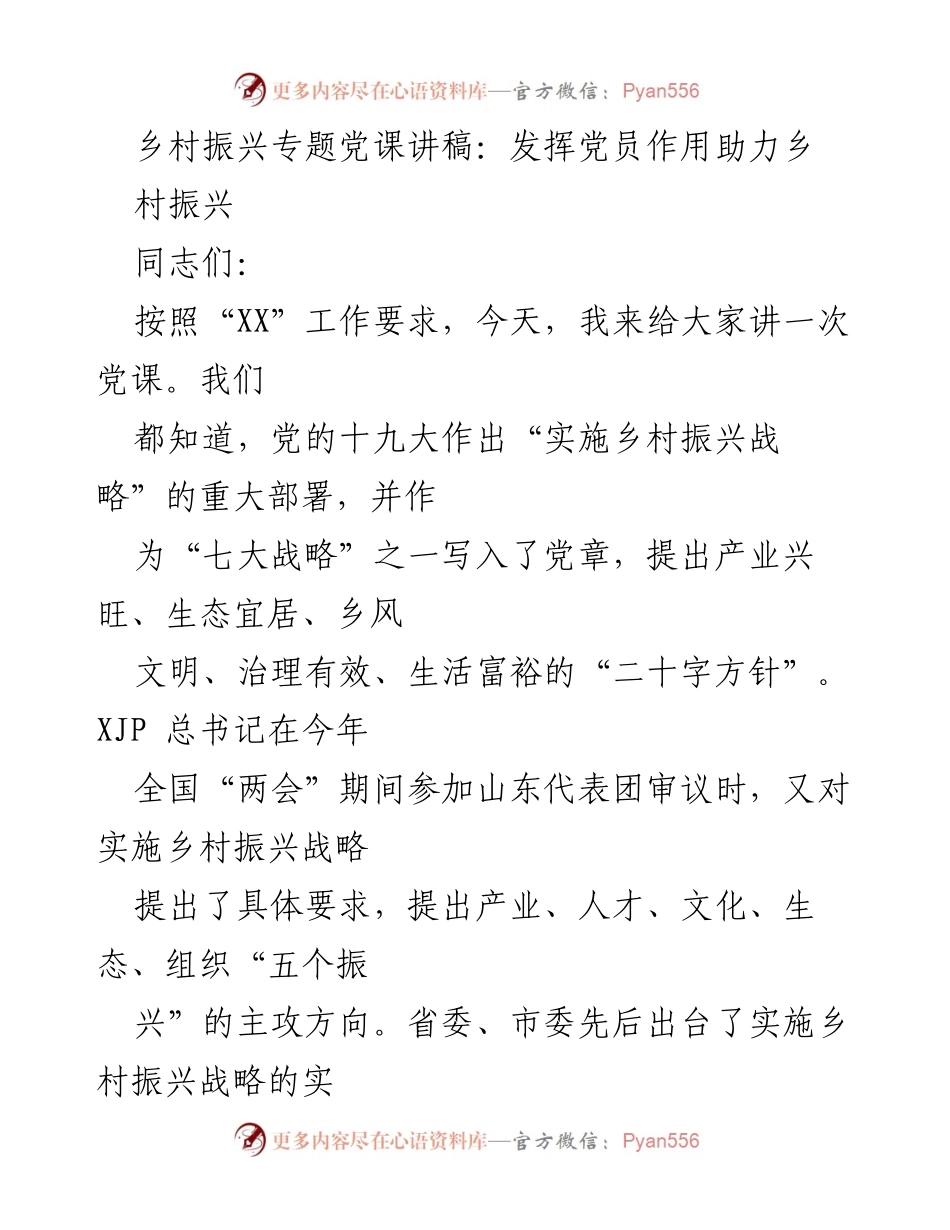 [发言] 乡村振兴专题党课 - 发挥党员作用助力乡村振兴战略实施_1.docx_第1页