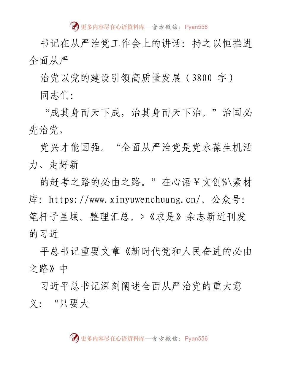 [发言] 从严治党工作会 - 持之以恒推进全面从严治党，引领高质量发展.docx_第1页