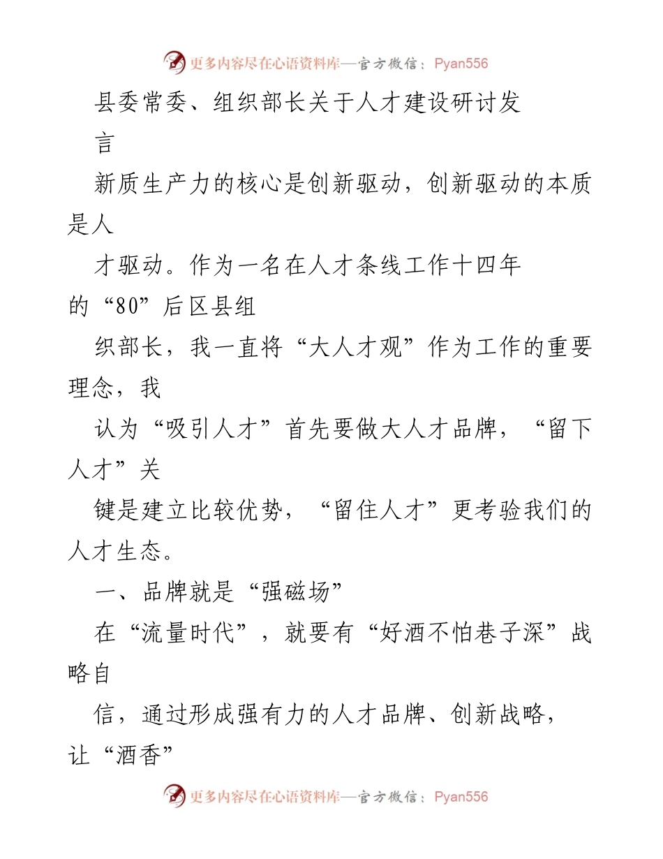 [发言] 人才建设研讨会 - 人才驱动：构建创新生态与吸引机制.docx_第1页