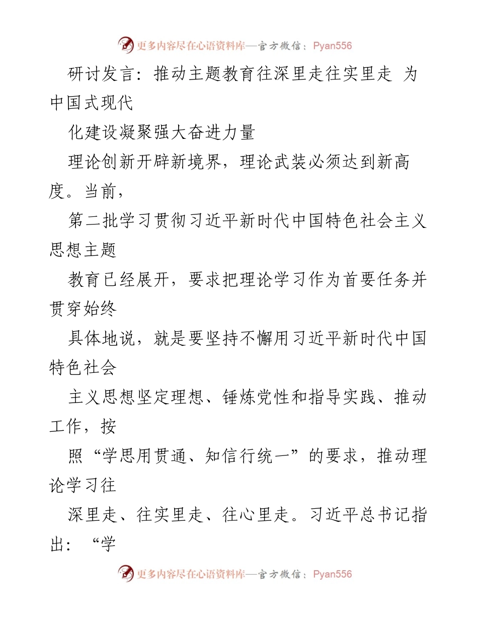 [发言] 主题教育研讨会 - 深入推进理论学习，助力中国式现代化建设.docx_第1页