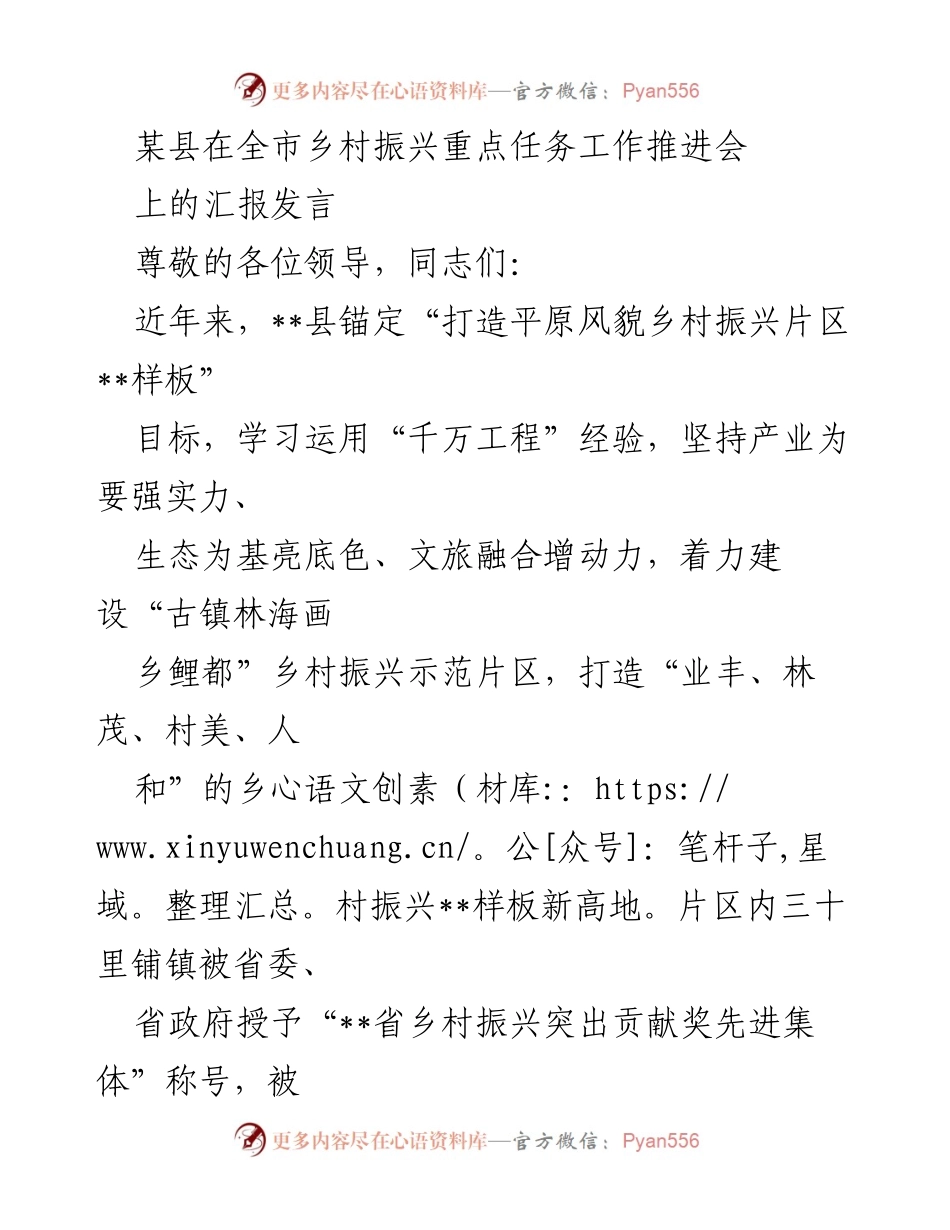 [发言] 乡村振兴重点任务工作推进会 - __县乡村振兴示范片区建设汇报发言__.docx_第1页