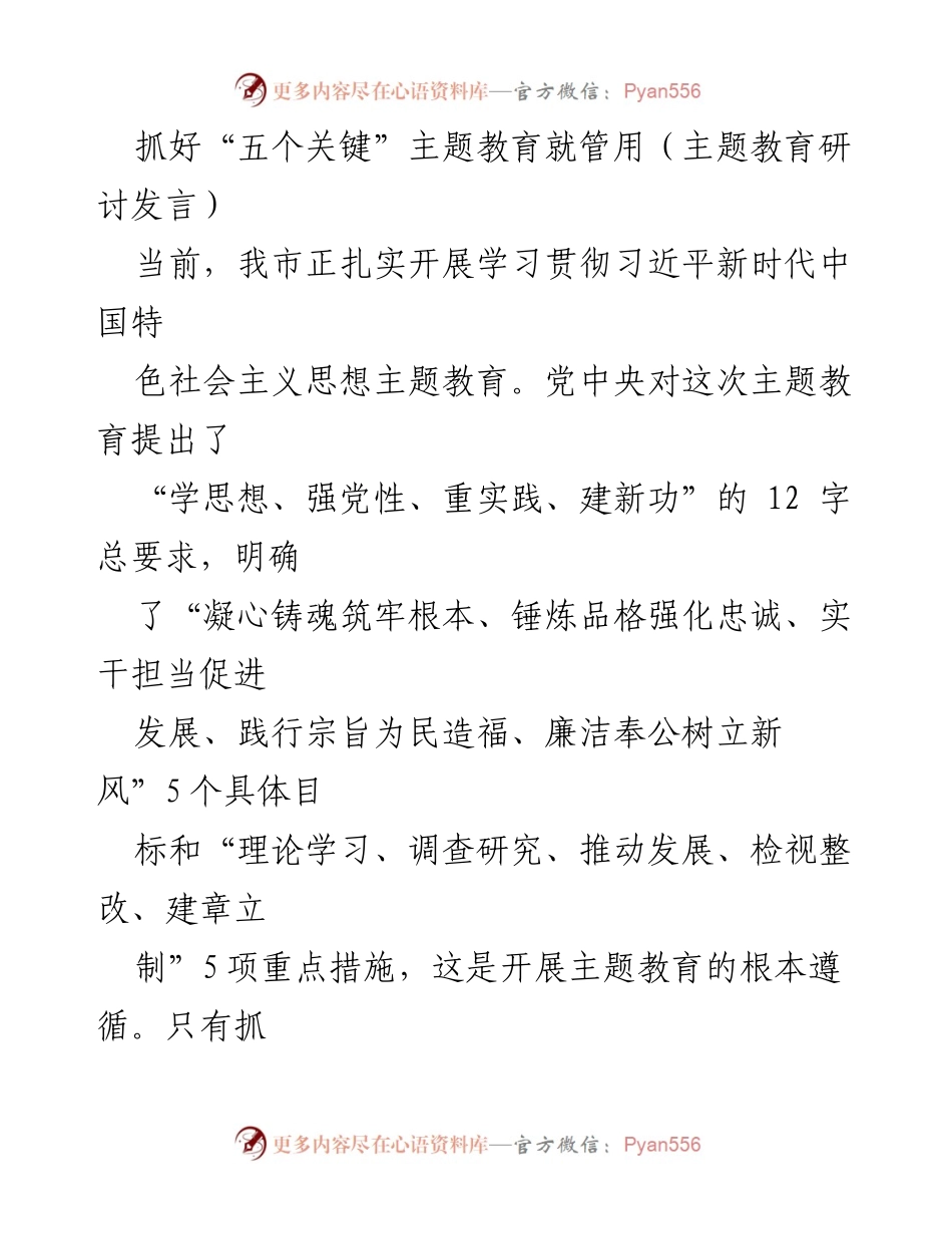 [发言] 主题教育研讨 - 抓住“五个关键”确保主题教育实效_1.docx_第1页