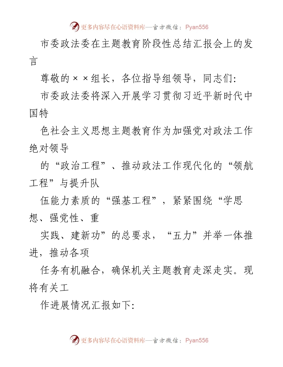 [发言] 主题教育阶段性总结汇报会 - 深入推进主题教育，提升政法工作现代化与队伍素质.docx_第1页