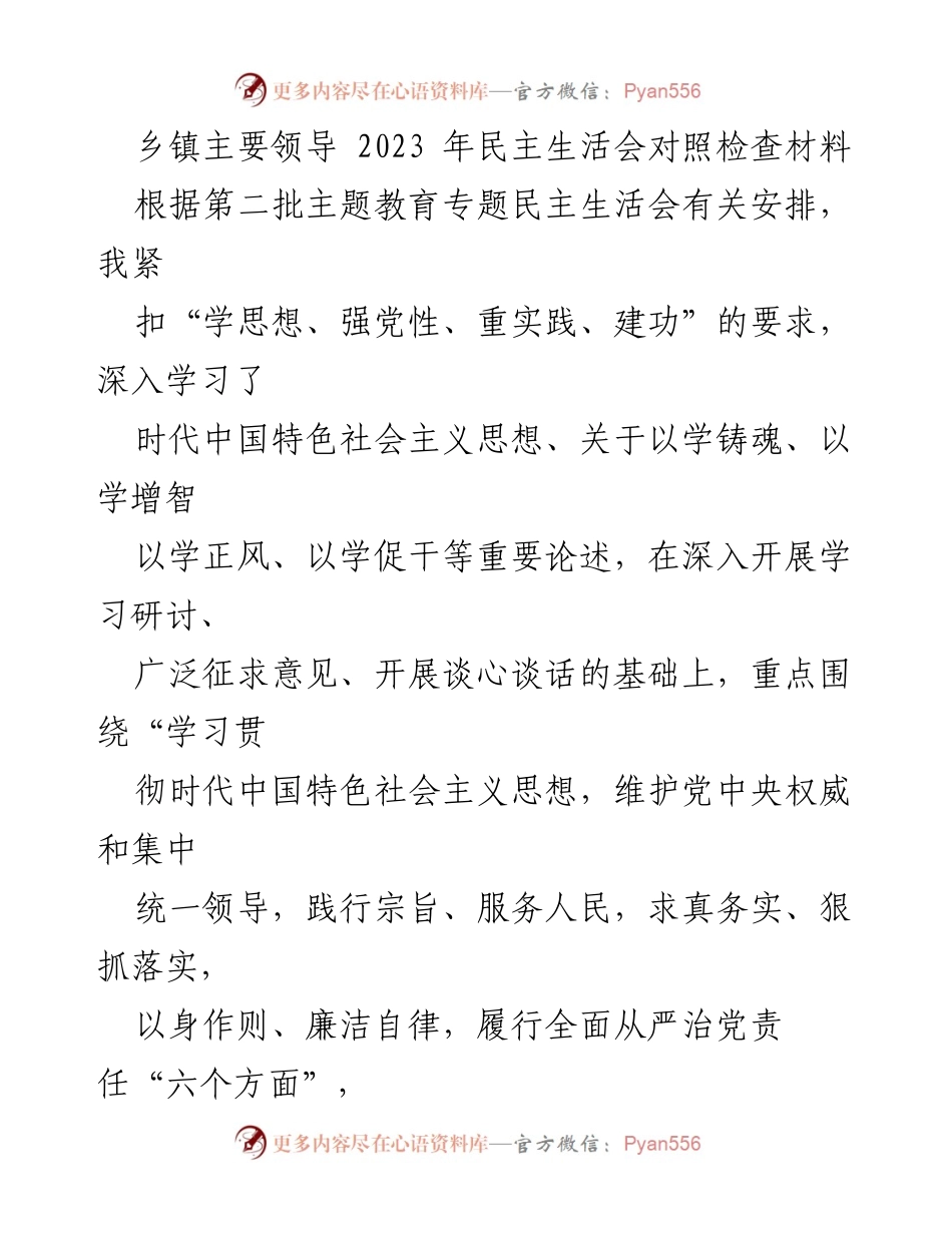 [发言] 乡镇主要领导民主生活会 - 2023年民主生活会对照检查材料总结.docx_第1页