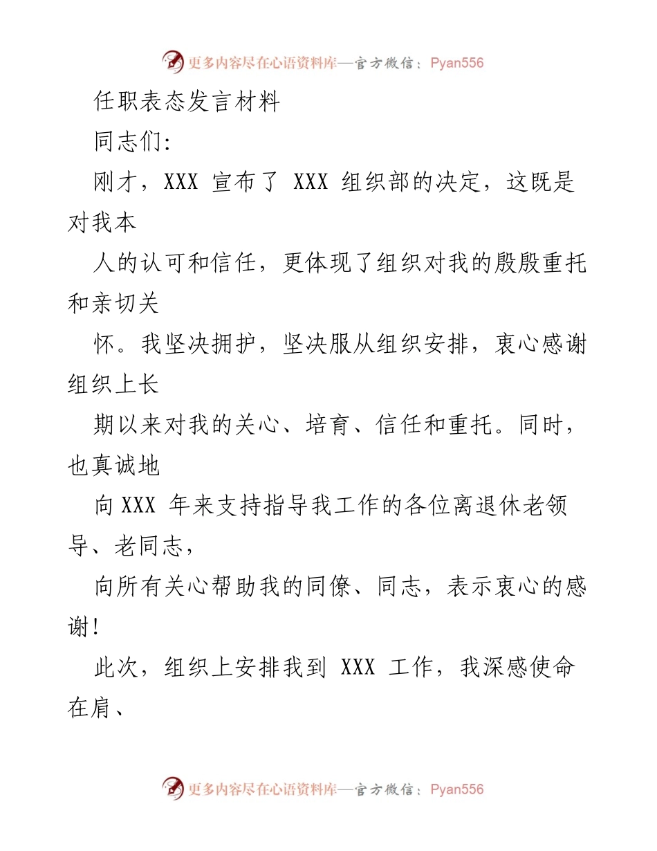 [发言] 任职表态 - 牢记使命，勇担责任，推动发展.docx_第1页
