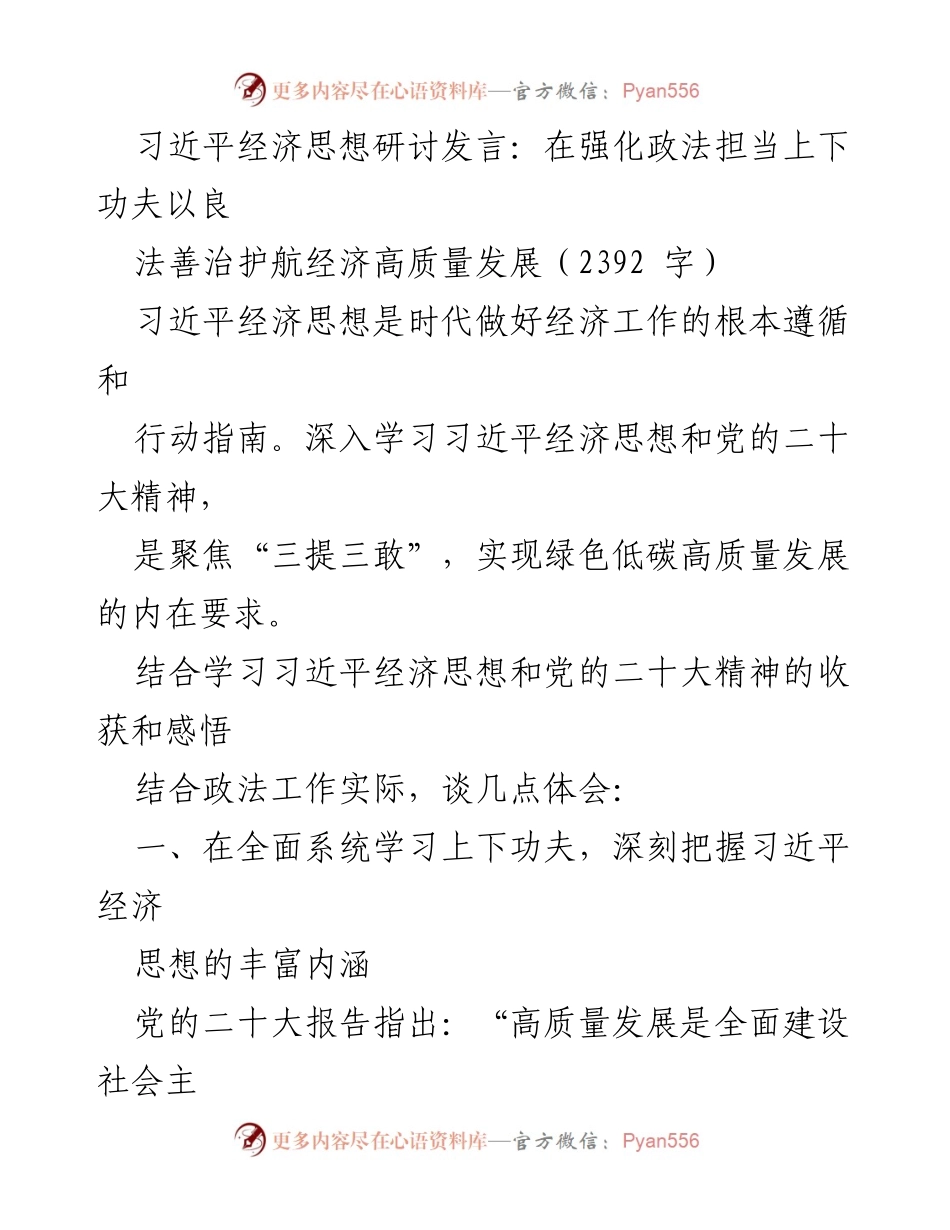 [发言] 习近平经济思想研讨会 - 强化政法担当，护航经济高质量发展.docx_第1页