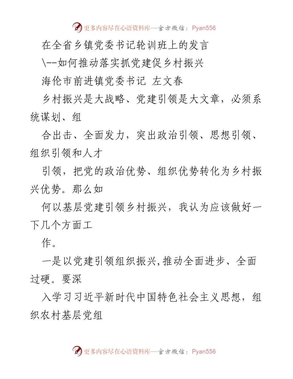 [发言] 乡镇党委书记轮训班 - 以党建引领乡村振兴的路径探讨.docx_第1页