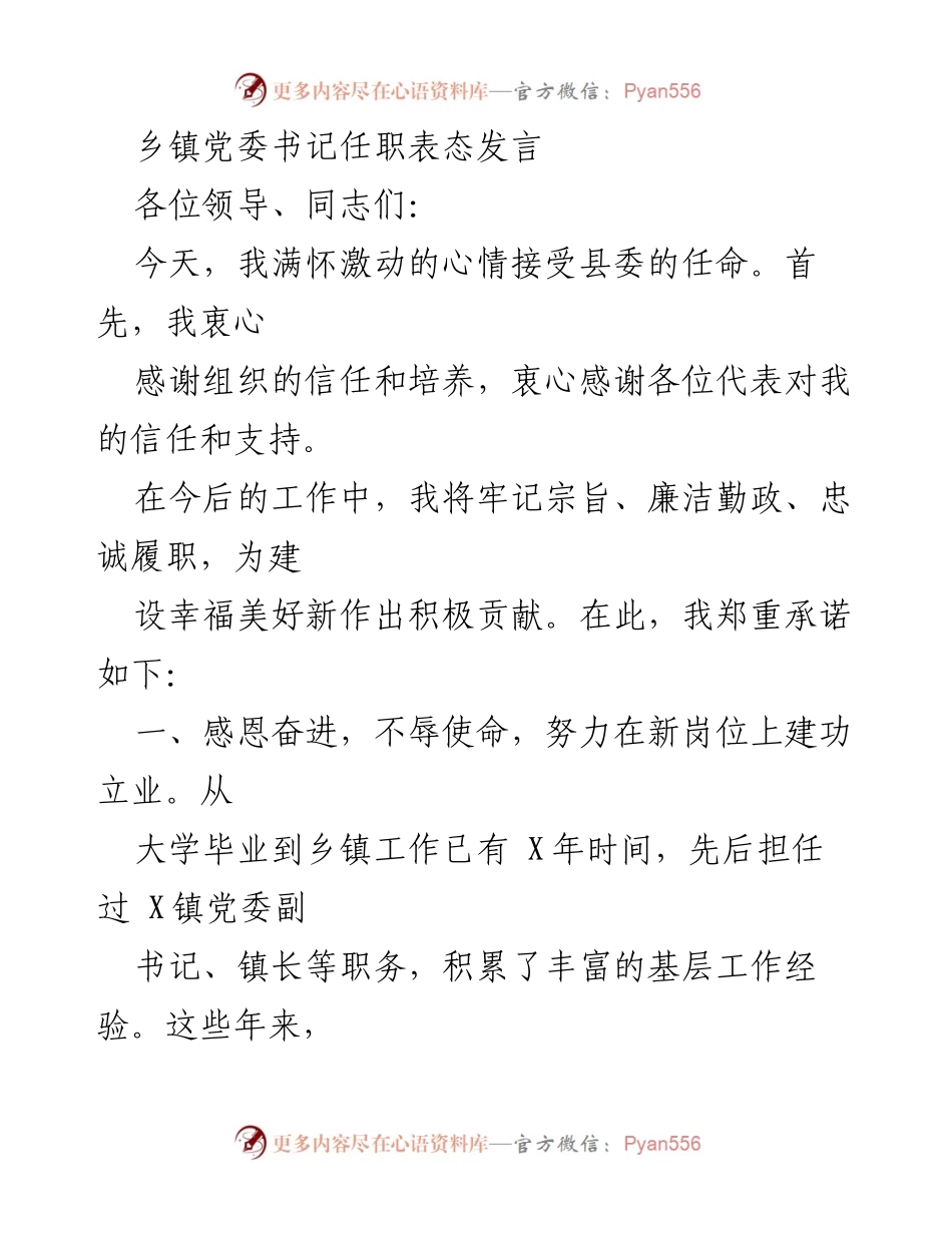 [发言] 乡镇党委书记任职 - 感恩奋进，勇担使命：乡镇党委书记任职表态发言.docx_第1页