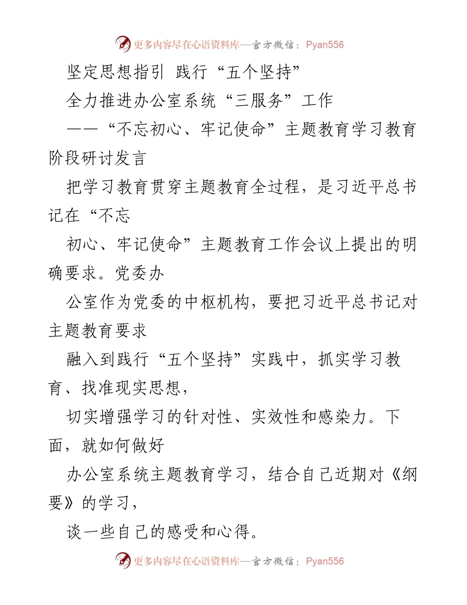 [发言] 主题教育研讨 - 坚定思想指引，践行“五个坚持”的使命担当与美好愿景.docx_第1页