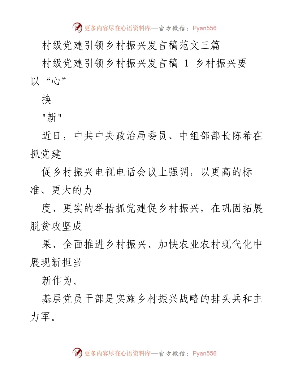 [发言] 乡村振兴会议 - 村级党建引领乡村振兴的责任与担当.docx_第1页