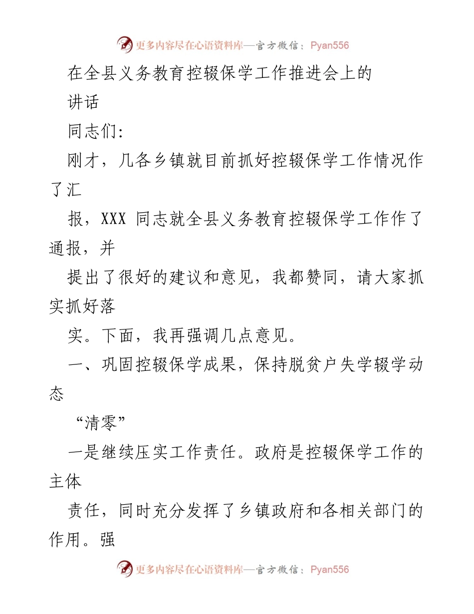 [发言] 义务教育控辍保学工作推进会 - 强化责任落实，确保控辍保学工作成效.docx_第1页