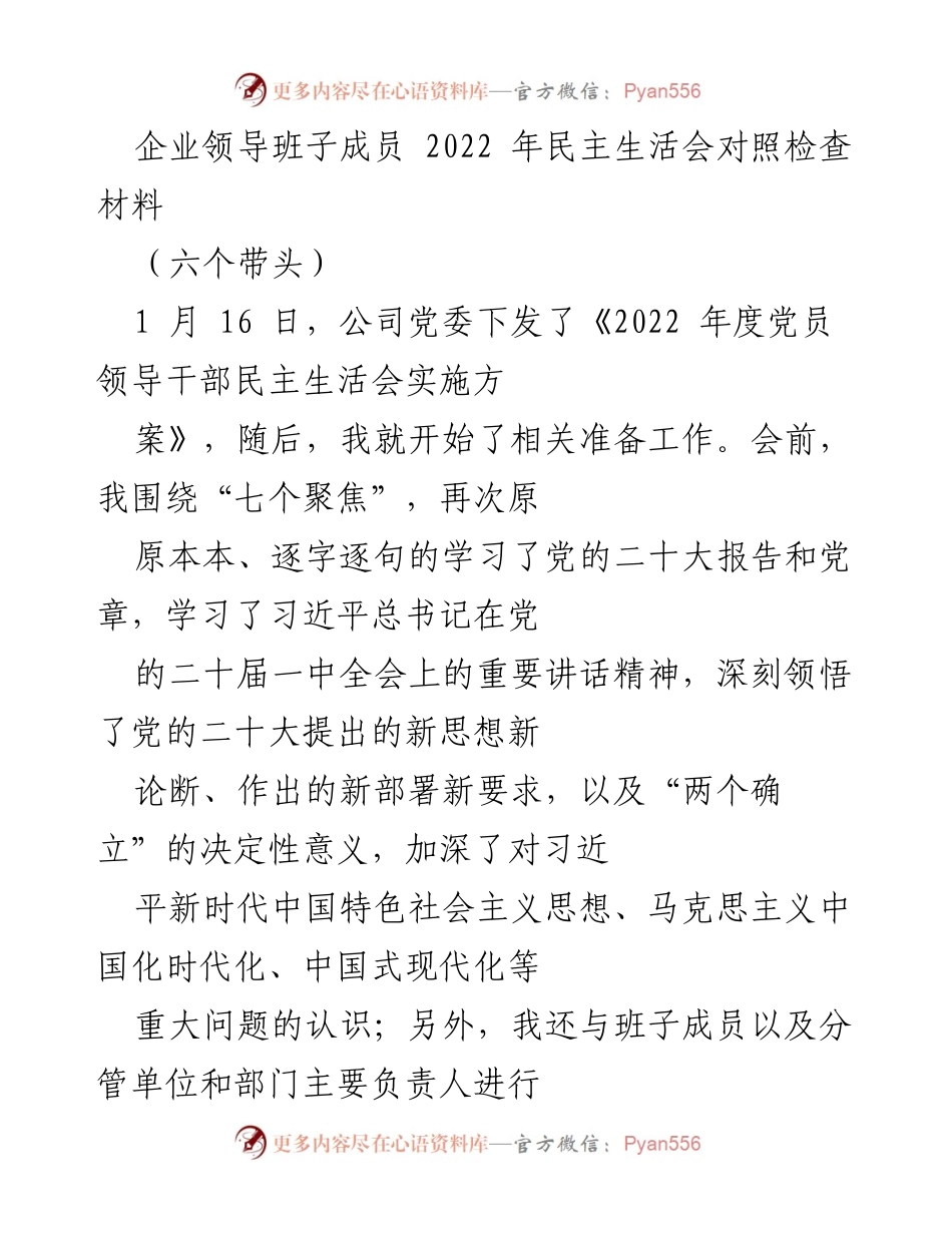 [发言] 企业领导班子民主生活会 - 2022年度民主生活会对照检查材料总结_1.docx_第1页